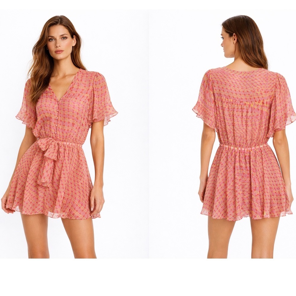 MISA LOS ANGELES Pink Geometric Print Flutter Sleeve V Neck Dress XS
